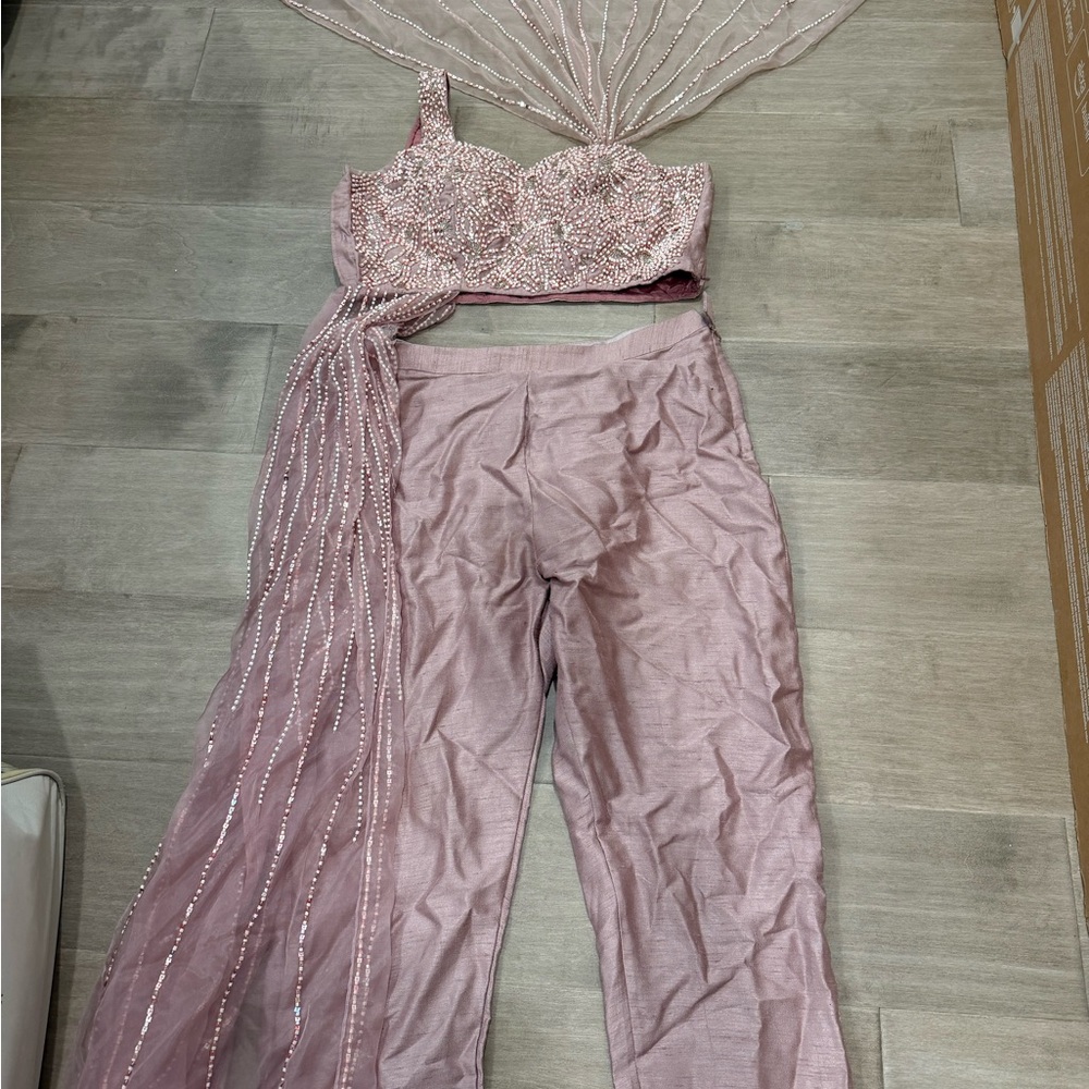 Embellished Mauve Crop Top & Matching Pants Set